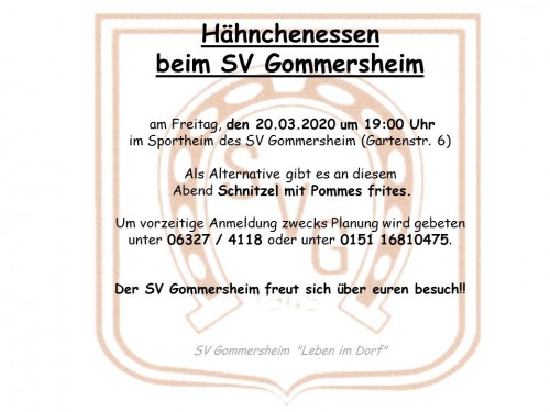Hähnchenessen am Freitag den 20.03.2020